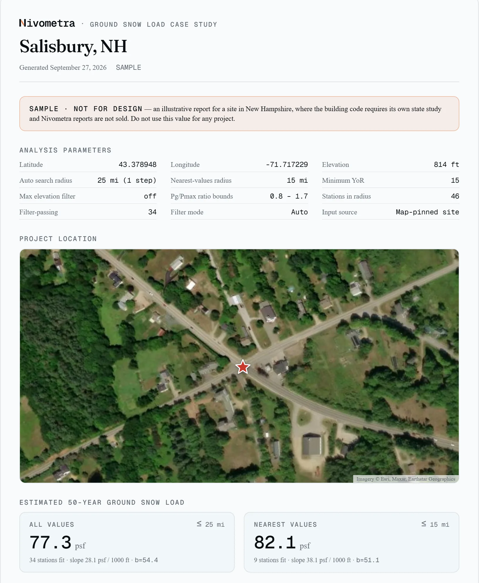 Sample Salisbury, New Hampshire report, marked not for design, showing the site inputs, a satellite map of the site, and the estimated 50-year ground snow loads
